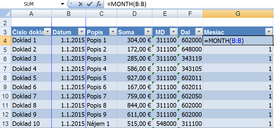 dopočtený měsíc excel